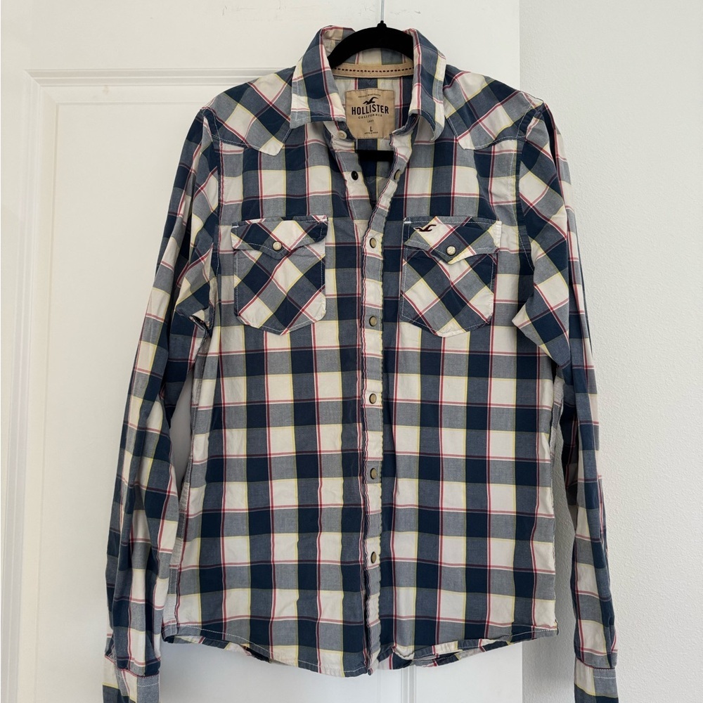 Hollister Y2K men's blue plaid western pearl snap button shirt top size LARGE